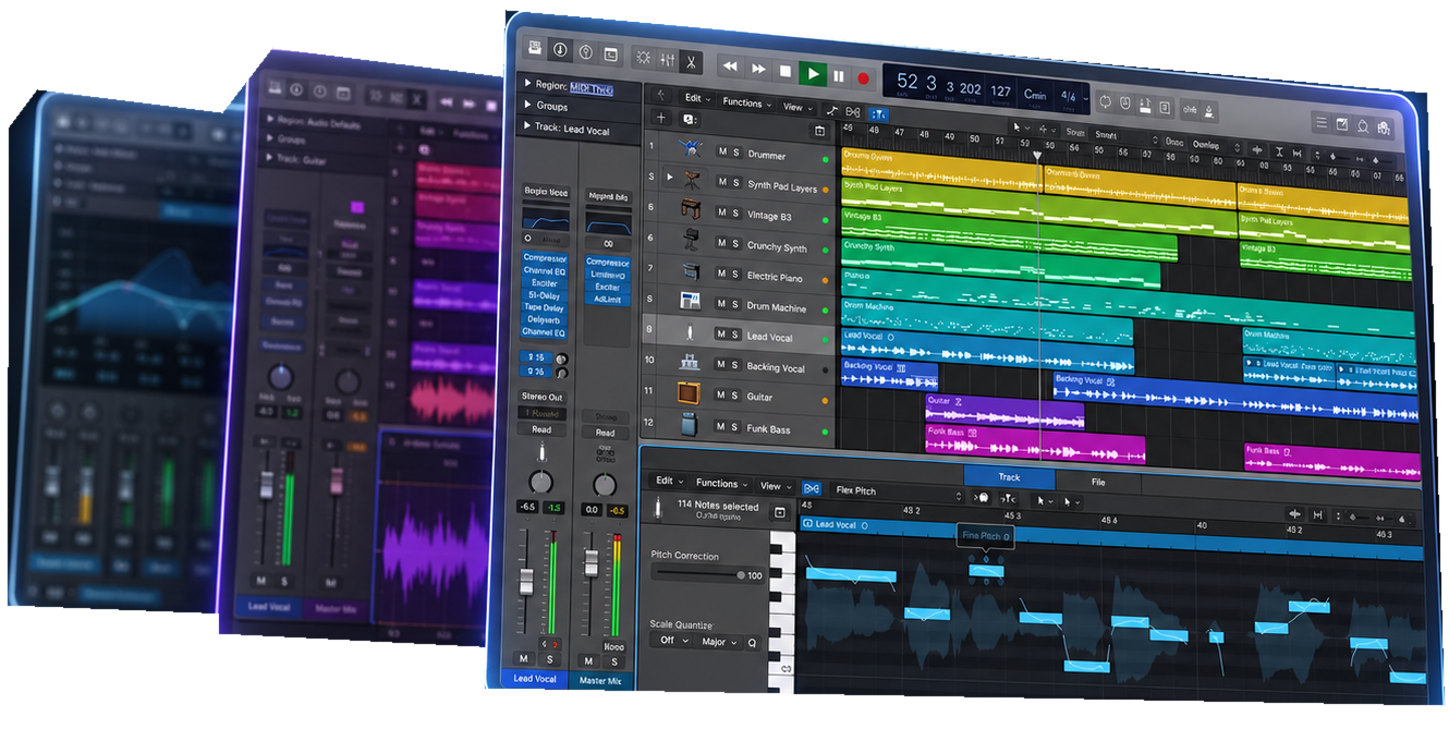 Three layered music production screens showing audio mixing, song editing, and a multitrack timeline, isolated on transparency.